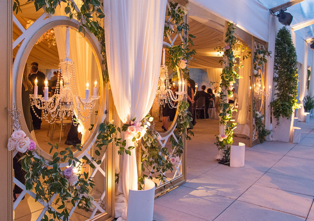 English Garden Inspired Draping and Chandeliers